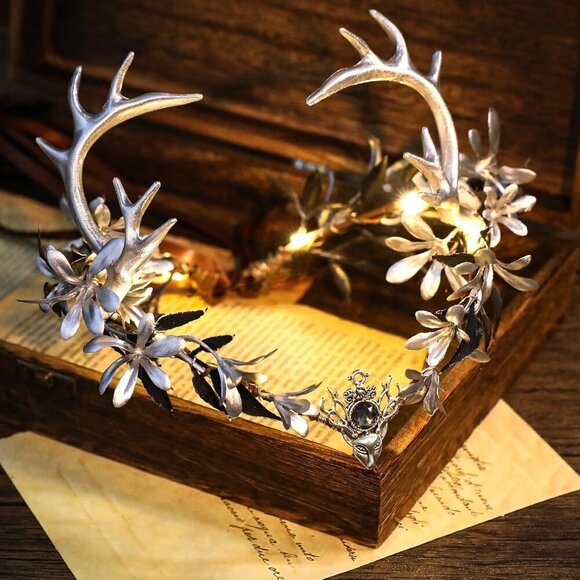 Fairy Crown Silver Antler Floral Headband for Women Renaissance and Cosplay main image 5
